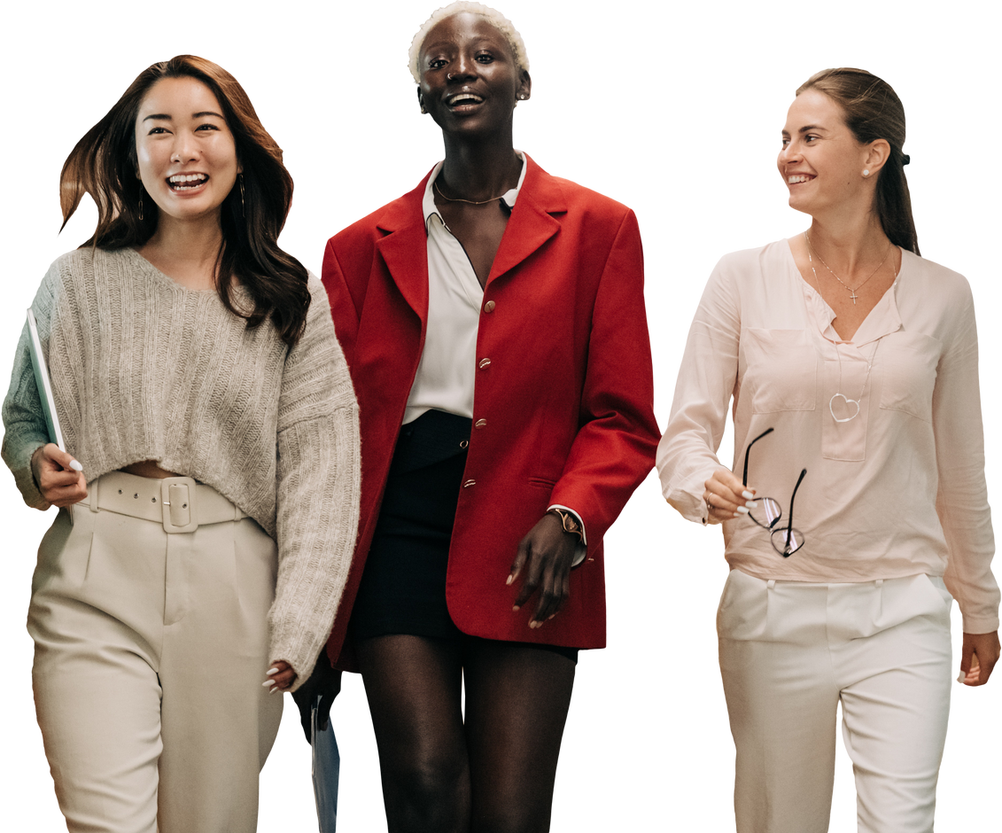 Smiling Diverse Women Walking with Laptop and Eyeglasses